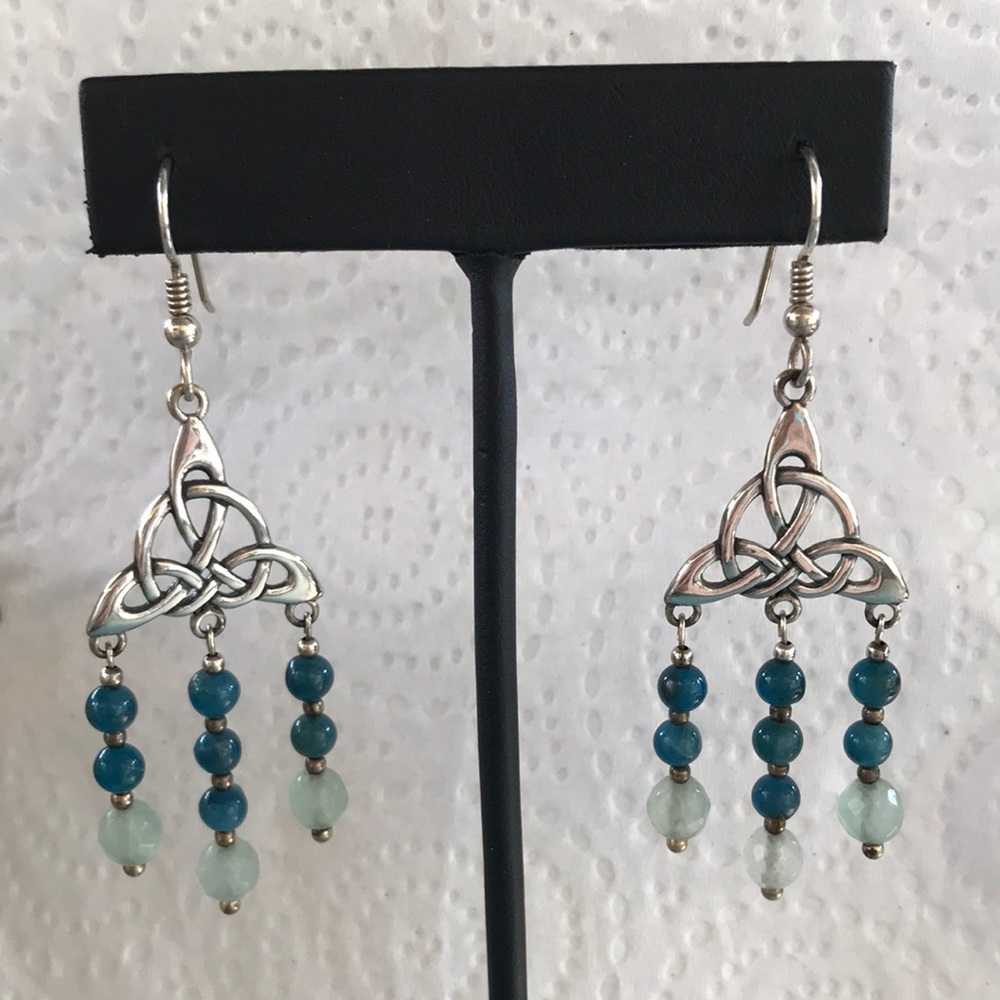 Sterling Silver - Earrings - Celtic Knot - Green Apatite and Green Fluorite.